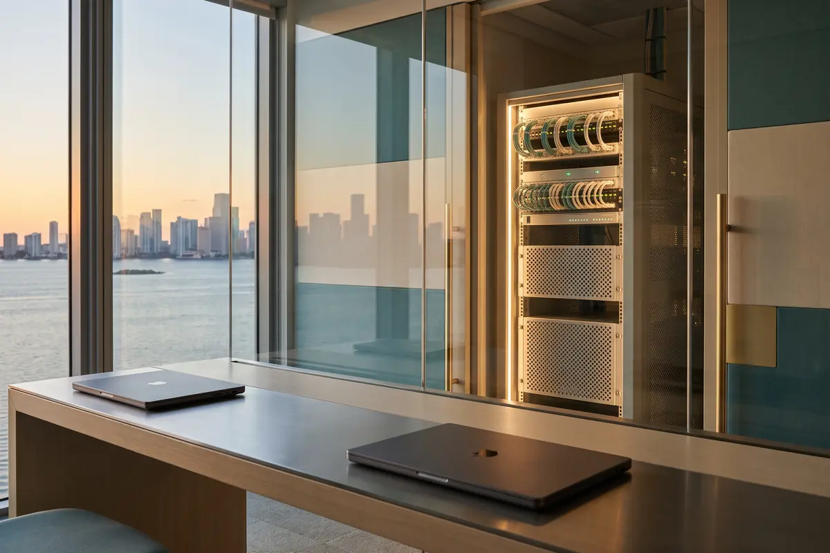 A modern office with a glass-enclosed server rack and closed laptops, overlooking the Miami skyline and Biscayne Bay at dusk.