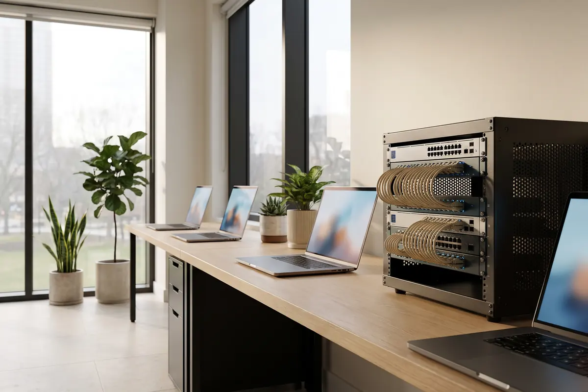 A bright IT engineering lab with laptops on a long bench, a small equipment rack and plants by tall windows.