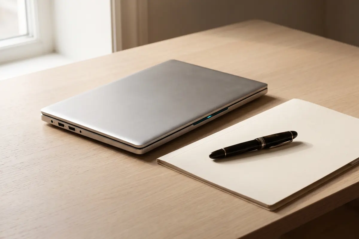A closed aluminium laptop and a fountain pen resting on a cream folder on an oak desk.
