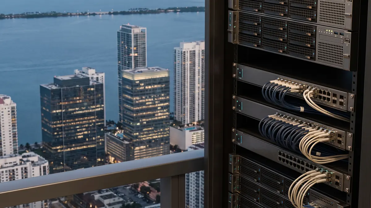 A server rack beside a high window overlooking the Brickell towers and Biscayne Bay in Miami.