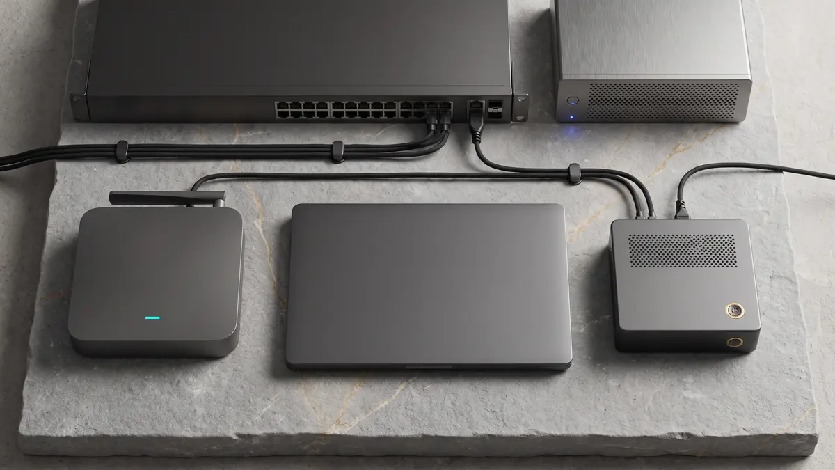 Enterprise network hardware (a switch, a server node, a firewall and a laptop) arranged on grey stone.