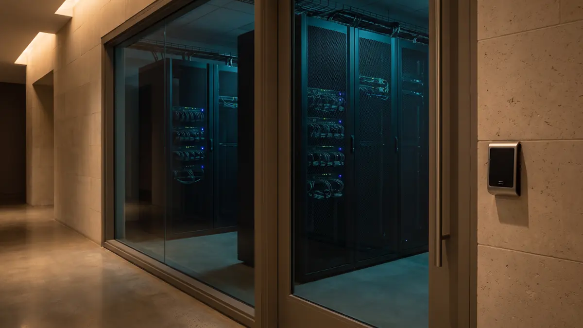 A secure server room behind a glass wall in a stone corridor, with a card reader beside the door.
