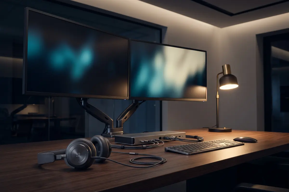 A help-desk workstation at night with a headset, dual monitors glowing softly and a brass desk lamp.