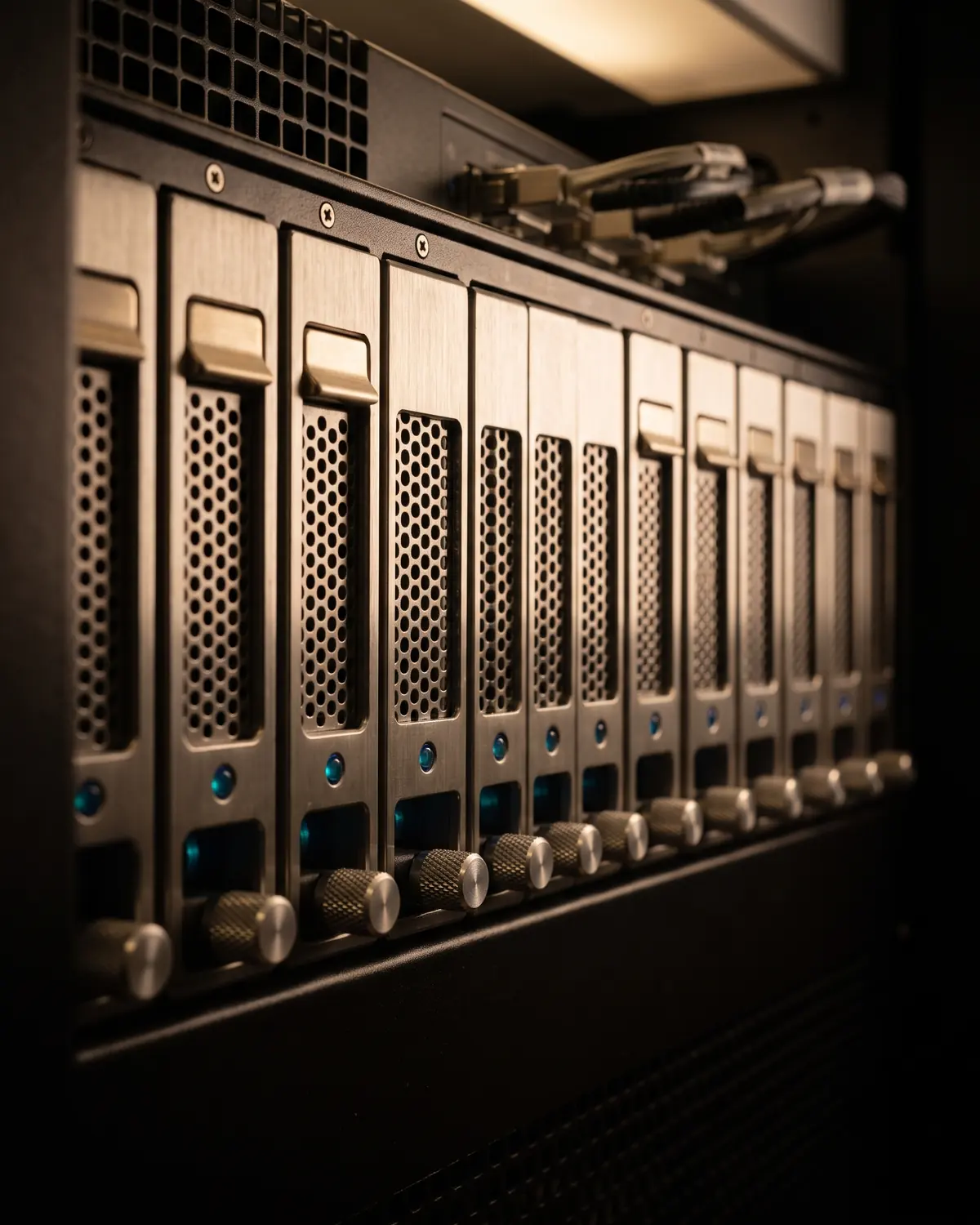 A row of hot-swap drive sleds in an enterprise storage array, each with a small blue activity light.