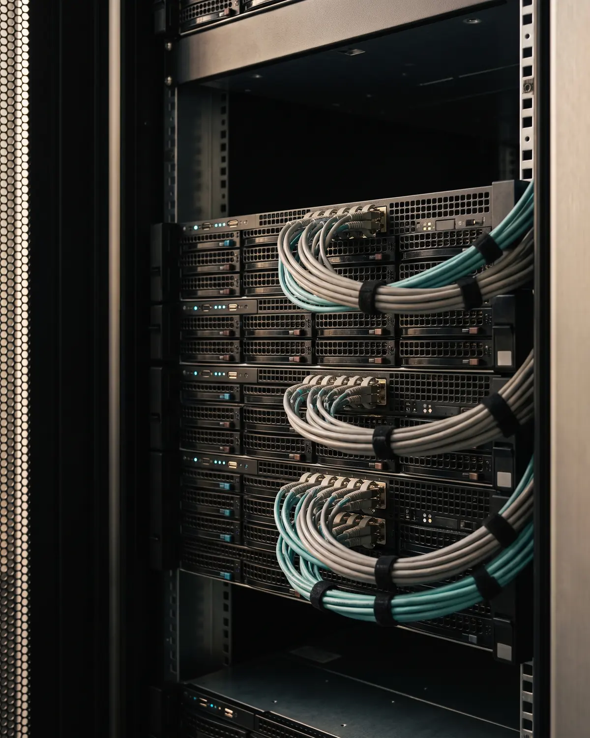 An open server rack with stacked servers and neatly combed grey and teal patch cables held by ties.