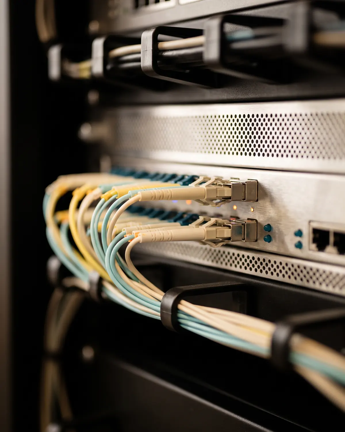 Close-up of a patch panel with pale fibre-optic and copper cables routed through cable-management guides.