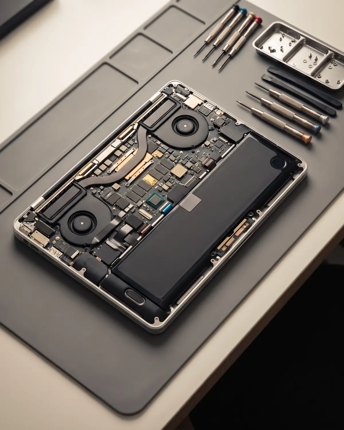 An opened laptop showing its logic board, fans and battery on an anti-static mat beside a row of precision screwdrivers.