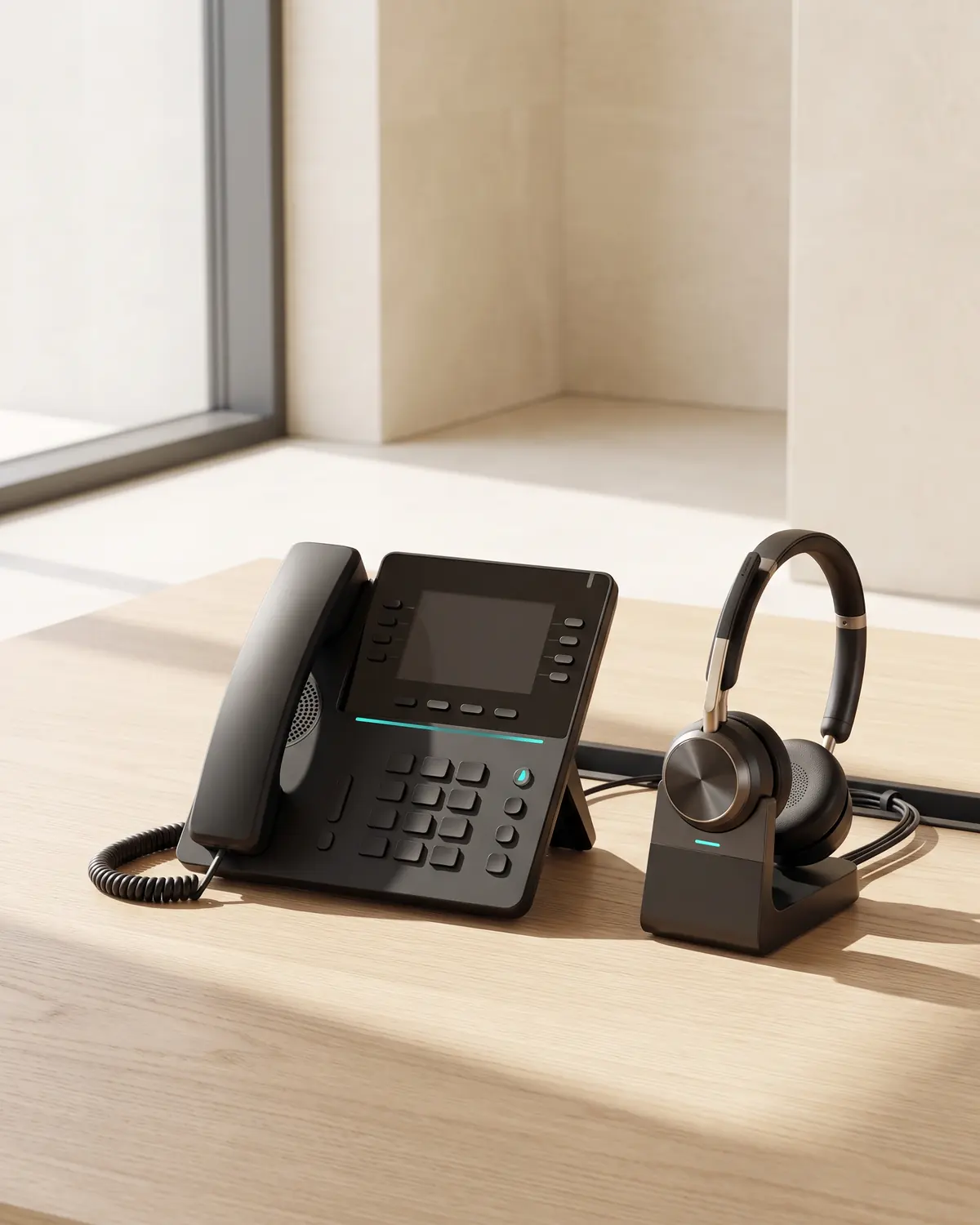 A black IP desk phone and a wireless headset on its stand on a pale oak desk in soft window light.