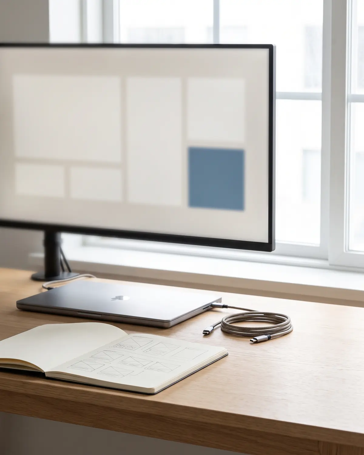A designer's desk with a large monitor showing an abstract page layout, a closed laptop and a sketchbook.